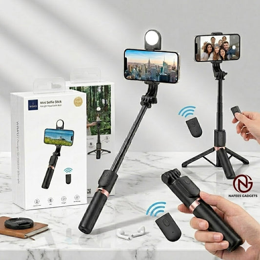 WiWU Wi-SE011 Mini Selfie Stick Tripod with LED Fill Light | Bluetooth Remote Shutter | 360° Rotation & Extendable Aluminum Rod for iPhone & Android