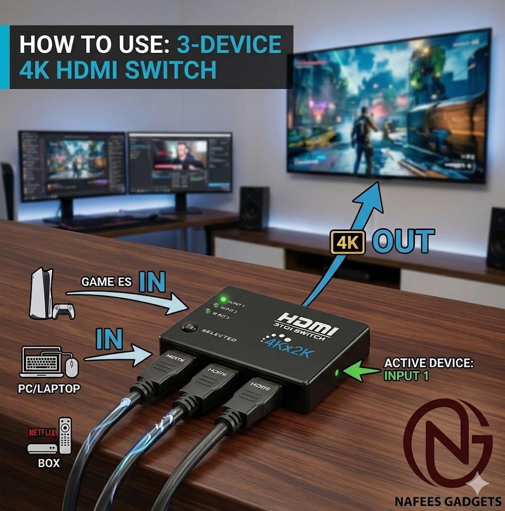 4K HDMI Switch 3 Port (3 In 1 Out) - Ultra HD 2K/4K Support, High-Speed Connector