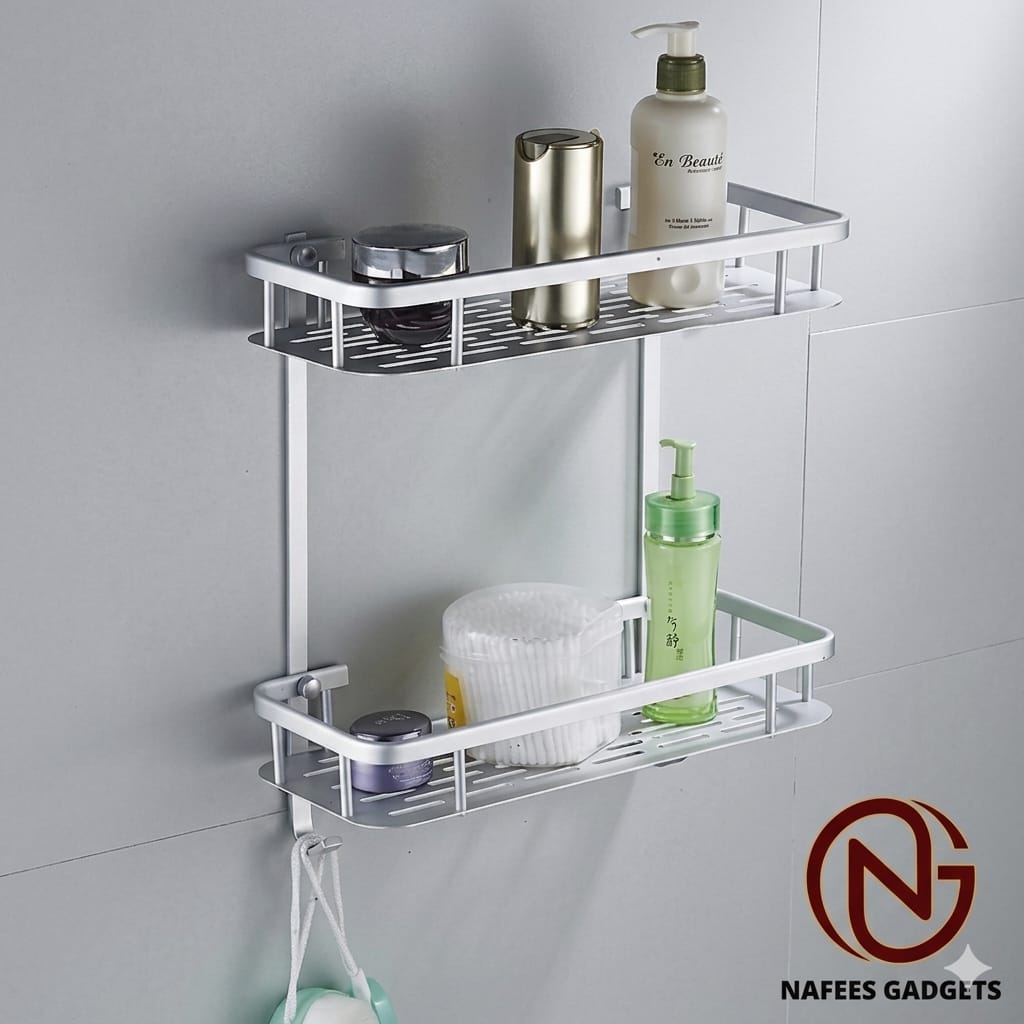 Premium 2-Layer Aluminum Bathroom Shelf – Wall Mounted Shower Caddy & Kitchen Storage Rack – Rust-Proof Organizer
