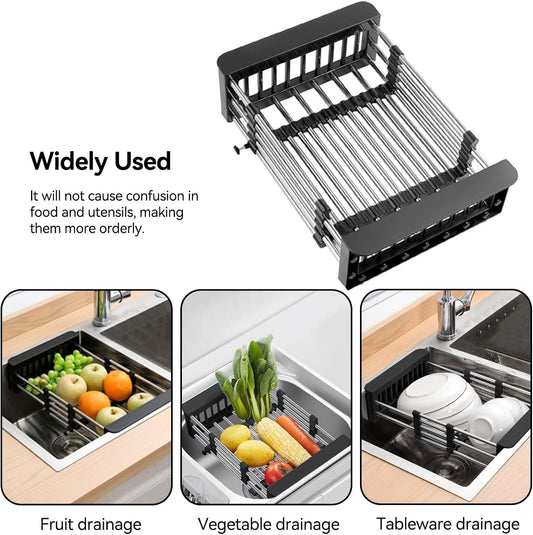 Expandable Sink Dish Drying Rack Kitchen Organizer Stainless Steel Sink Drain Basket Vegetable and Fruit Storage Rack