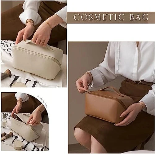 Large Capacity Travel Cosmetic Bag PU Leather Makeup Organizer with Handle & Multi-Compartments