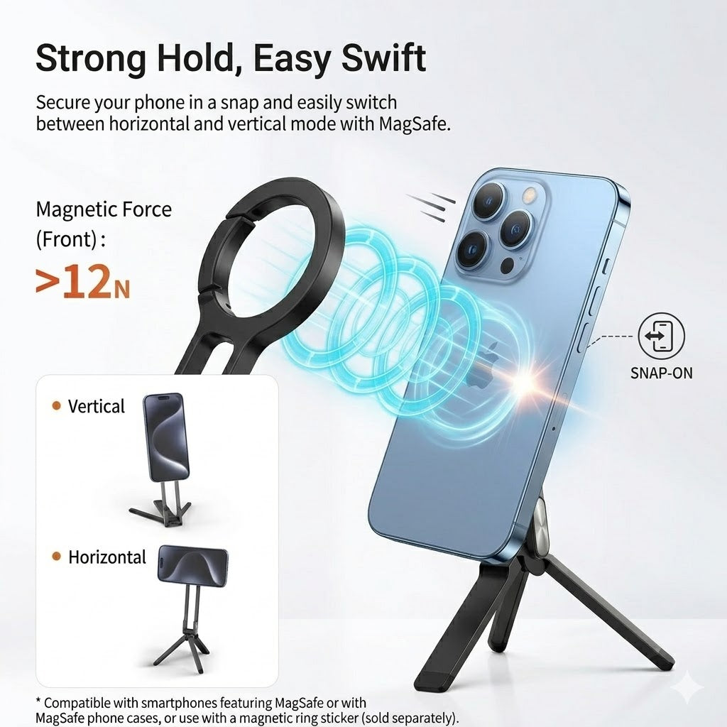 Magnetic Tripod Stand for iPhone & Android | Strong MagSafe Compatible Phone Holder | 360° Rotation for Vertical & Horizontal Modes | Ultra-Stable Portable Desktop Stand