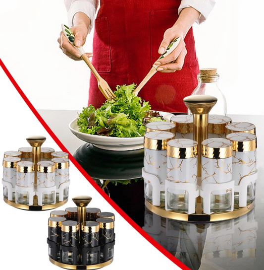 Spice Jar Set Glass Rotating Kitchen Seasoning Bottles, Food-Safe Condiment Containers with Golden Accents, Spice Rack