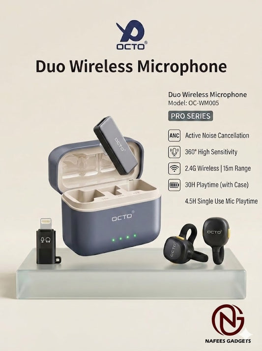 OCTO Pro Series OC-WM005 Duo Wireless Microphone – Ear-Clip Design, 30H Playtime & Crystal Clear ANC Sound