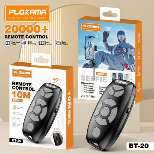 PLOKAMA BT-20 Bluetooth Selfie Remote Control – 10M Range, Type-C Rechargeable Wireless Shutter for TikTok, Reels & E-Books