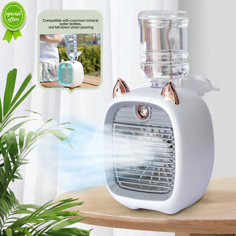 Portable Mini Air Cooler & Humidifier Fan – Rechargeable Desktop Water Mist Fan with Night Light & Cute Cat Ears Design