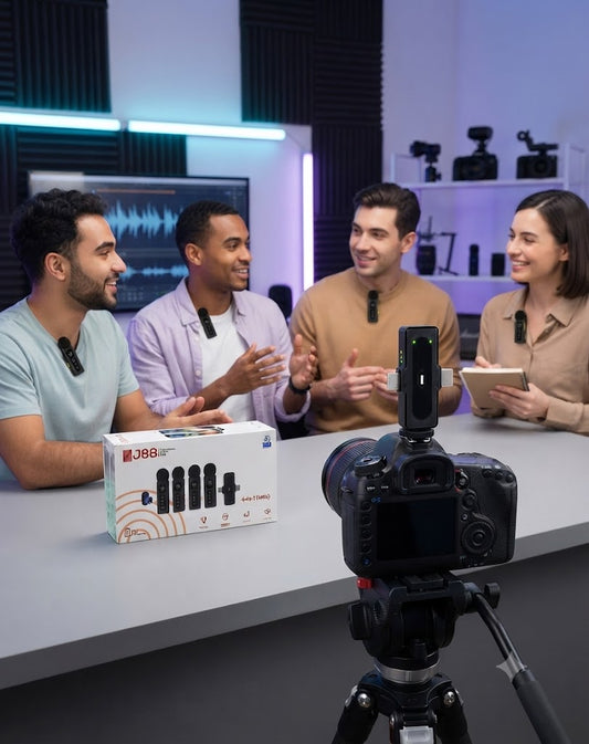 J88 4-in-1 Wireless Microphone System - Rechargeable Lavalier Mic with Display for Vlogging, YouTube & Interviews