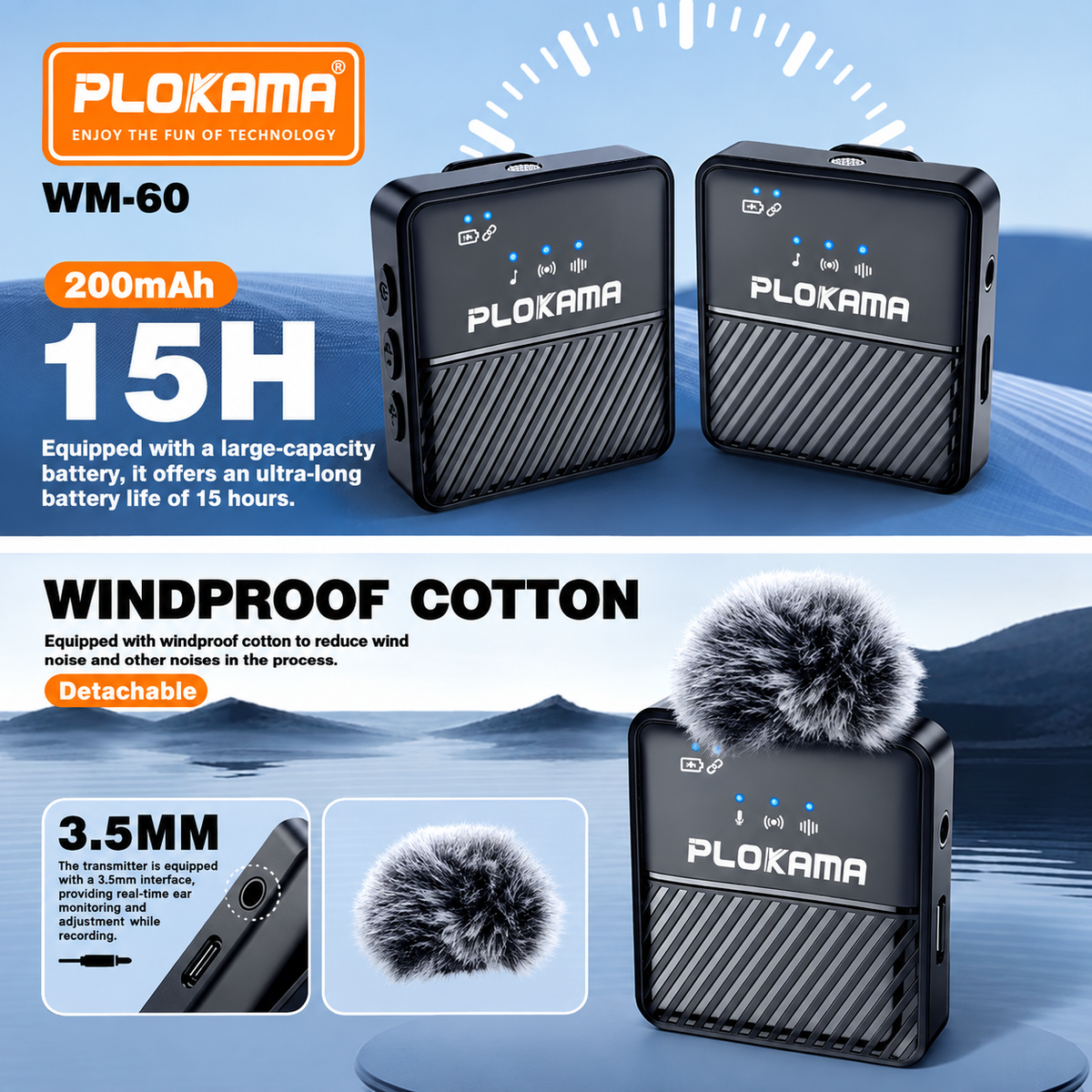 PLOKAMA WM60 Dual Wireless Lavalier Microphone - Noise Reduction Mic for Vlogging & Interviews