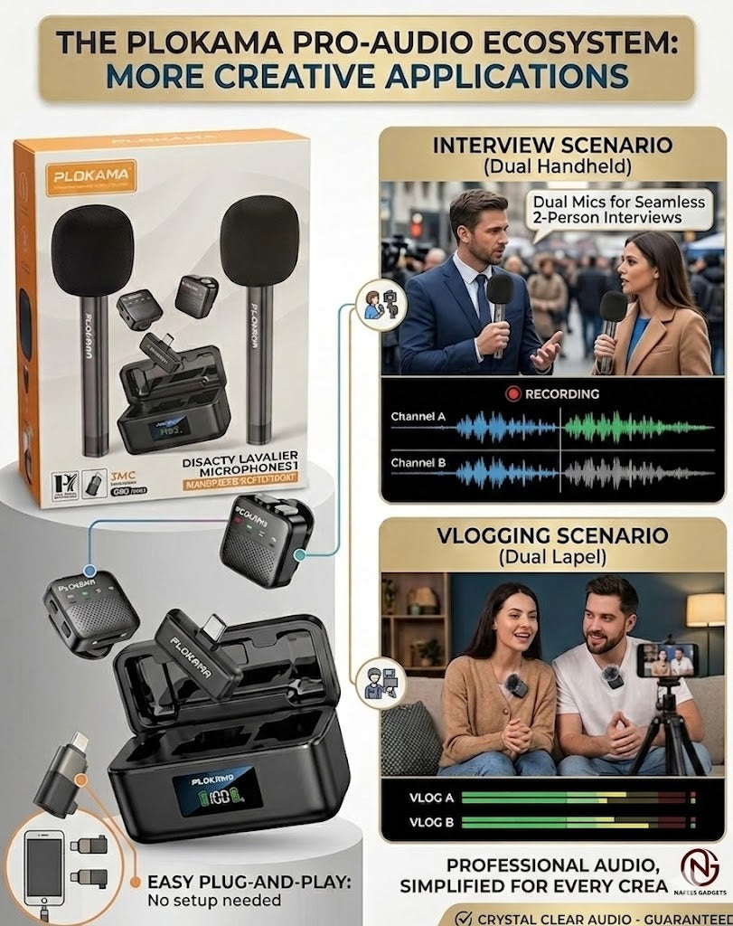 PLOKAMA WM80 Dual Wireless Lavalier Microphone with Digital Display Charging Case - Noise Reduction Mic for Vlogging & Interviews