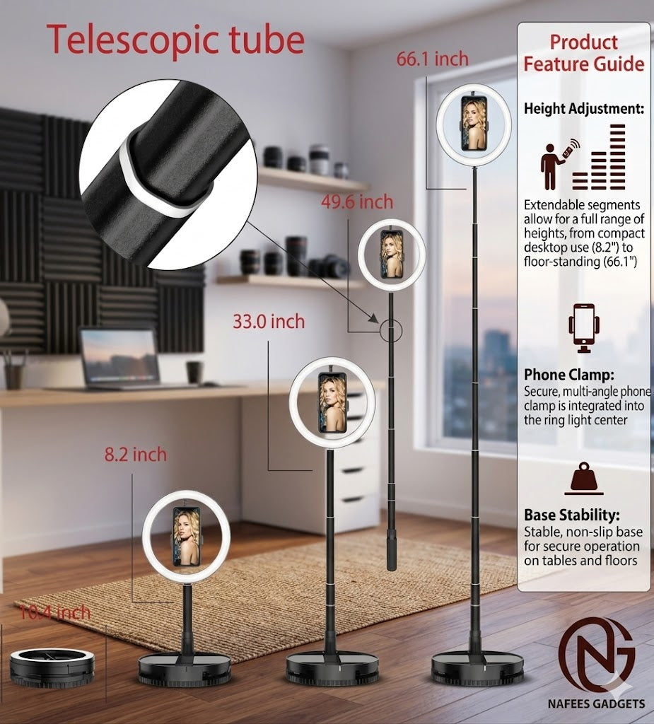 Adjustable Telescopic Ring Light with Flexible Phone Holder