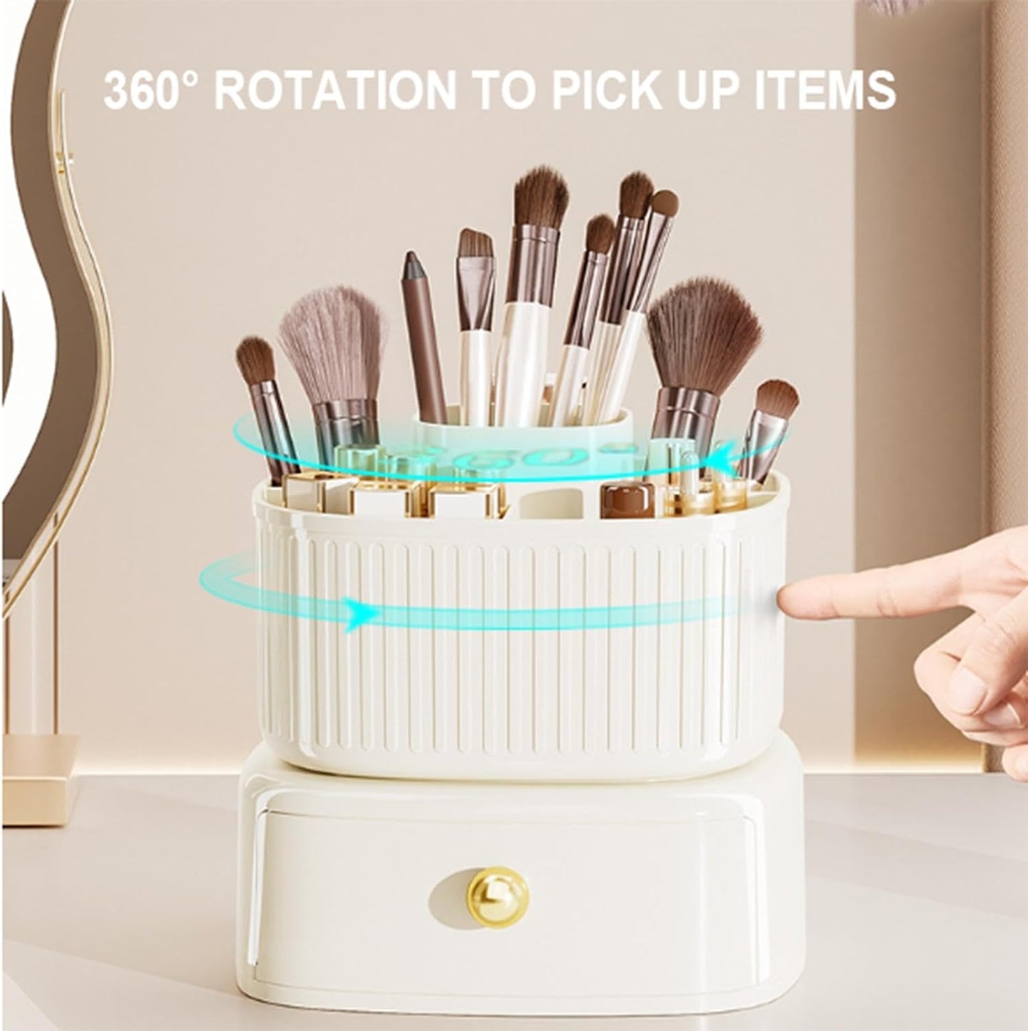 360° Rotating Makeup Organizer for Vanity Makeup Brushes Holder with Drawer Large Capacity Cosmetic Storage Organizer for Dressing