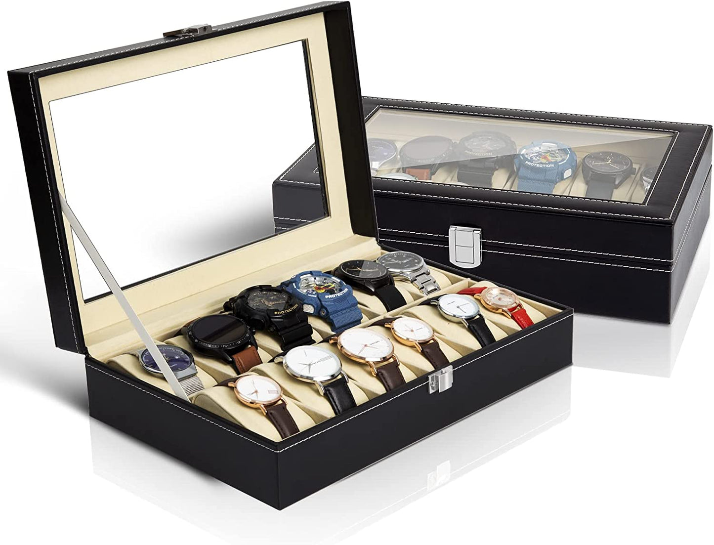 12 Grid PU Leather Watch Storage Box Organize for Watch - Black