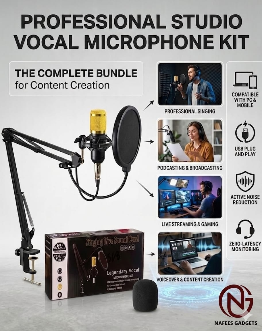 TECHSTERS BM-800 Professional Condenser Microphone Bundle - Complete Studio Recording Kit with Adjustable Arm Stand & Pop Filter