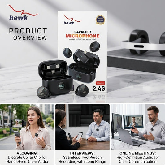 Hawk PD-WM62 Wireless Lavalier Microphone for iPhone & Type-C | 2.4G Professional Collar Clip Mic with Charging Case | Hi-Res Audio & DSP Noise Control