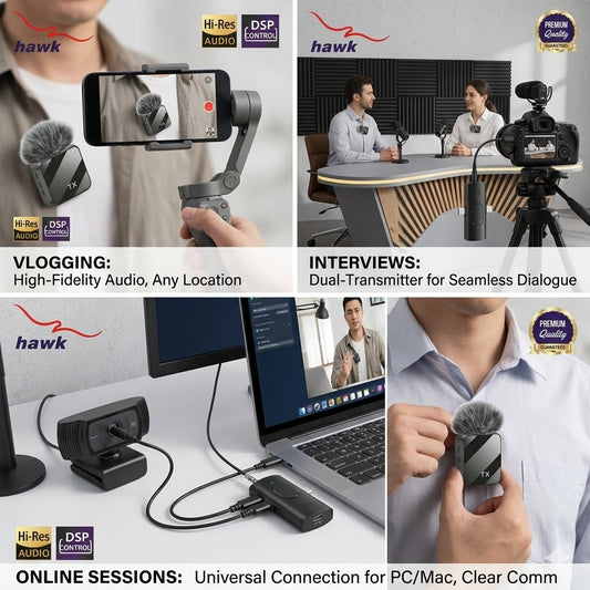 Hawk PD-WM11 Dual Wireless Lavalier Microphone | 3-in-1 Connector (iPhone, Type-C, 3.5mm) | Professional 2.4G Hi-Res Audio Mic with DSP Noise Control & Wind Muffs