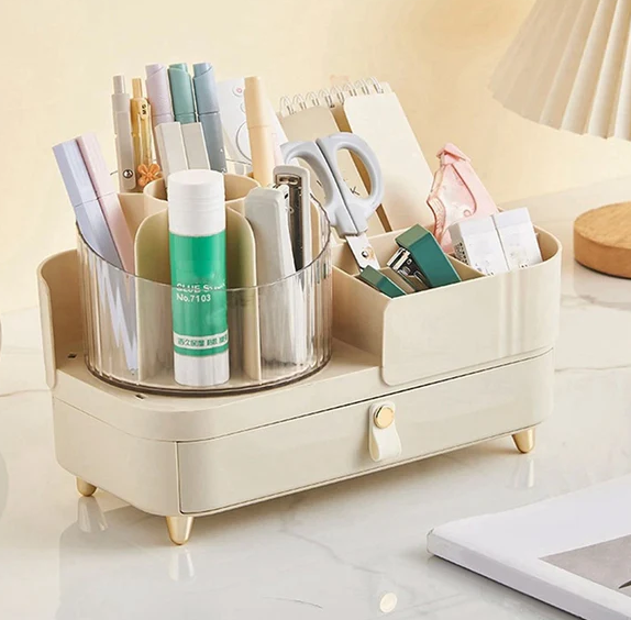Brushes Holder with Rotatable Compartments Organizer - Beige