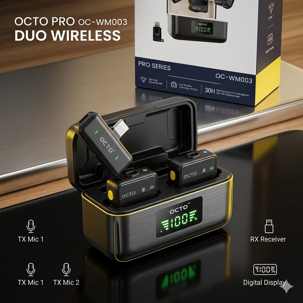 OCTO Pro Series OC-WM003 Duo Wireless Microphone – Professional Digital Display Mic with ANC & 30H Playtime