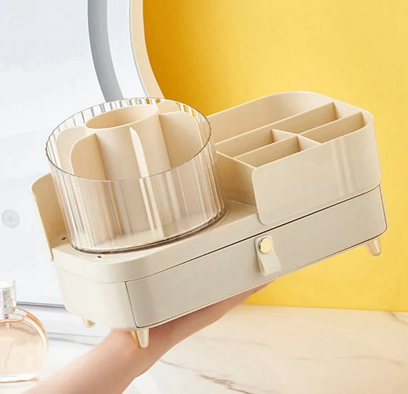Brushes Holder with Rotatable Compartments Organizer - Beige