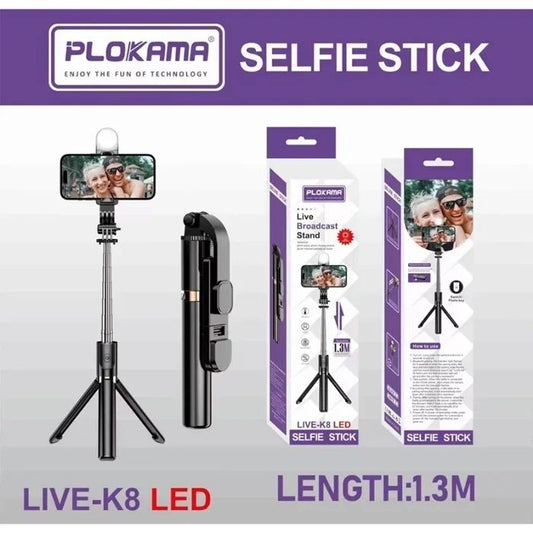 Plokama LIVE-K8 LED Selfie Stick Tripod - 1.3M Extendable Live Broadcast Stand with Wireless Remote