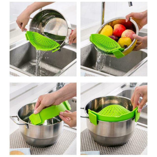 Pot Drainer Pan Strainer Silicon Filter Pasta Food Clip On Pot Pan - Green