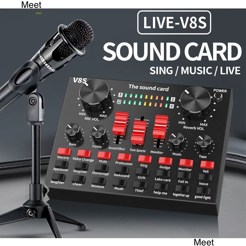 V8S Live Sound Card with Dual Input Cables & Charging Kit - Professional Audio Mixer for Streaming, Recording, and Podcasts