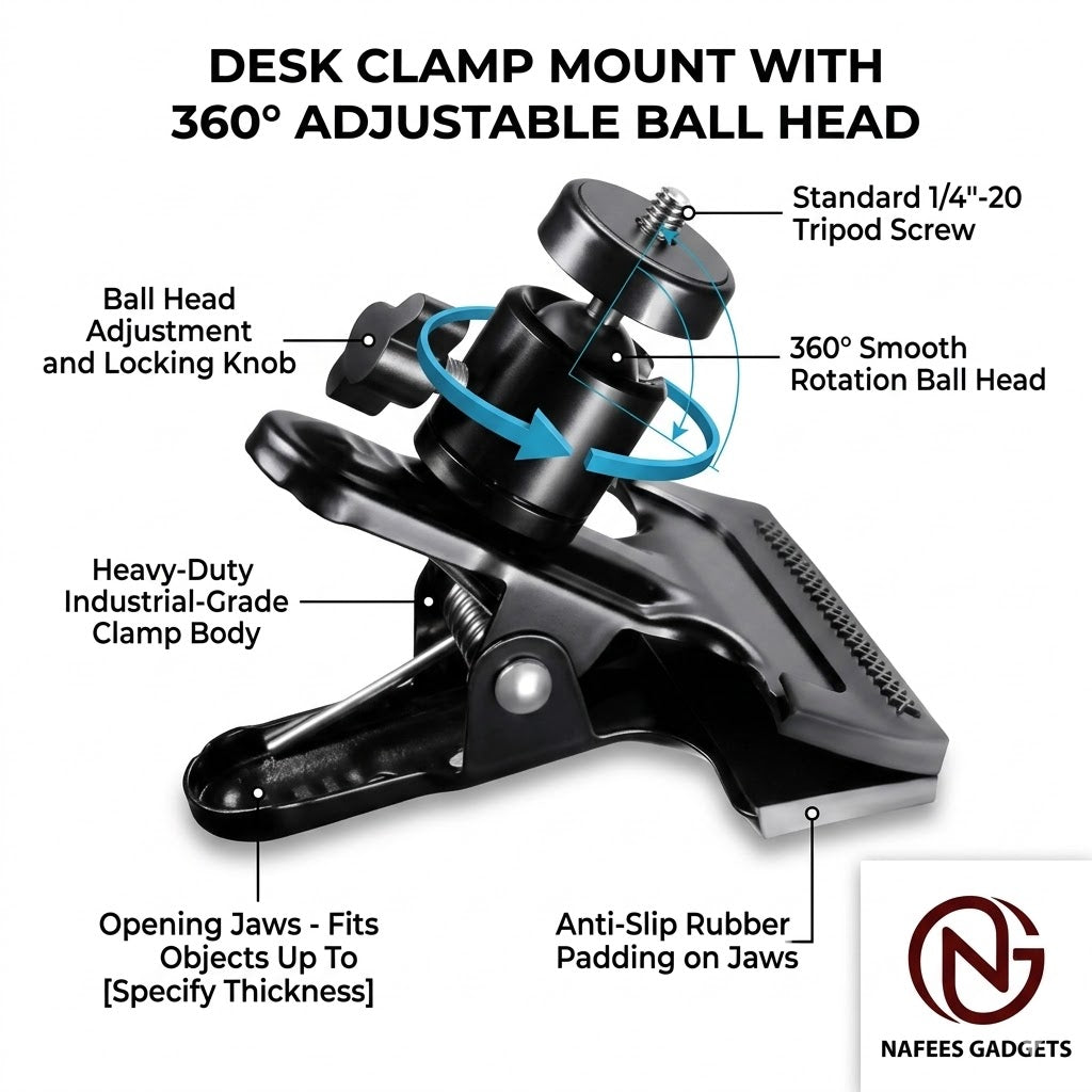 Metal Desk Clip Clamp Mount with 360° Ball Head – 1/4" Screw for Cameras, Lights & Phones
