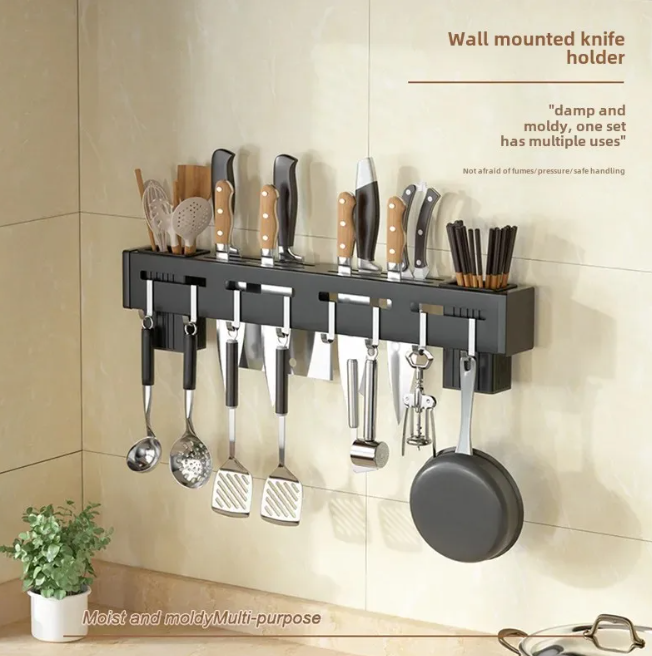 Wall Mounted Kitchen Shelf Knife Holder Spatula Hanging Hooks Cutlery Holder Storage Rack Spoon Holder
