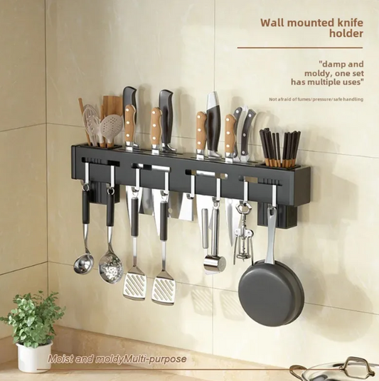 Wall Mounted Kitchen Shelf Knife Holder Spatula Hanging Hooks Cutlery Holder Storage Rack Spoon Holder