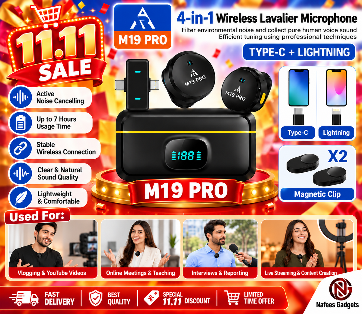 M19 Pro Wireless Microphone - Professional Dual Mic System with Charging Case & Noise Cancellation