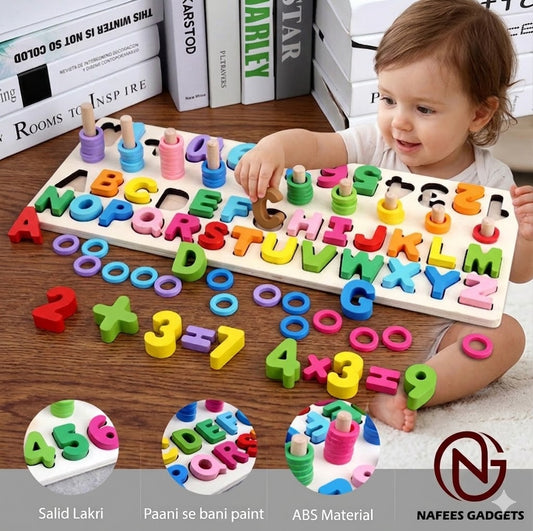 4-in-1 Wooden Alphabet & Number Puzzle Board | Kids Montessori Counting Rings & Mathematical Shape Sorting Educational Toy
