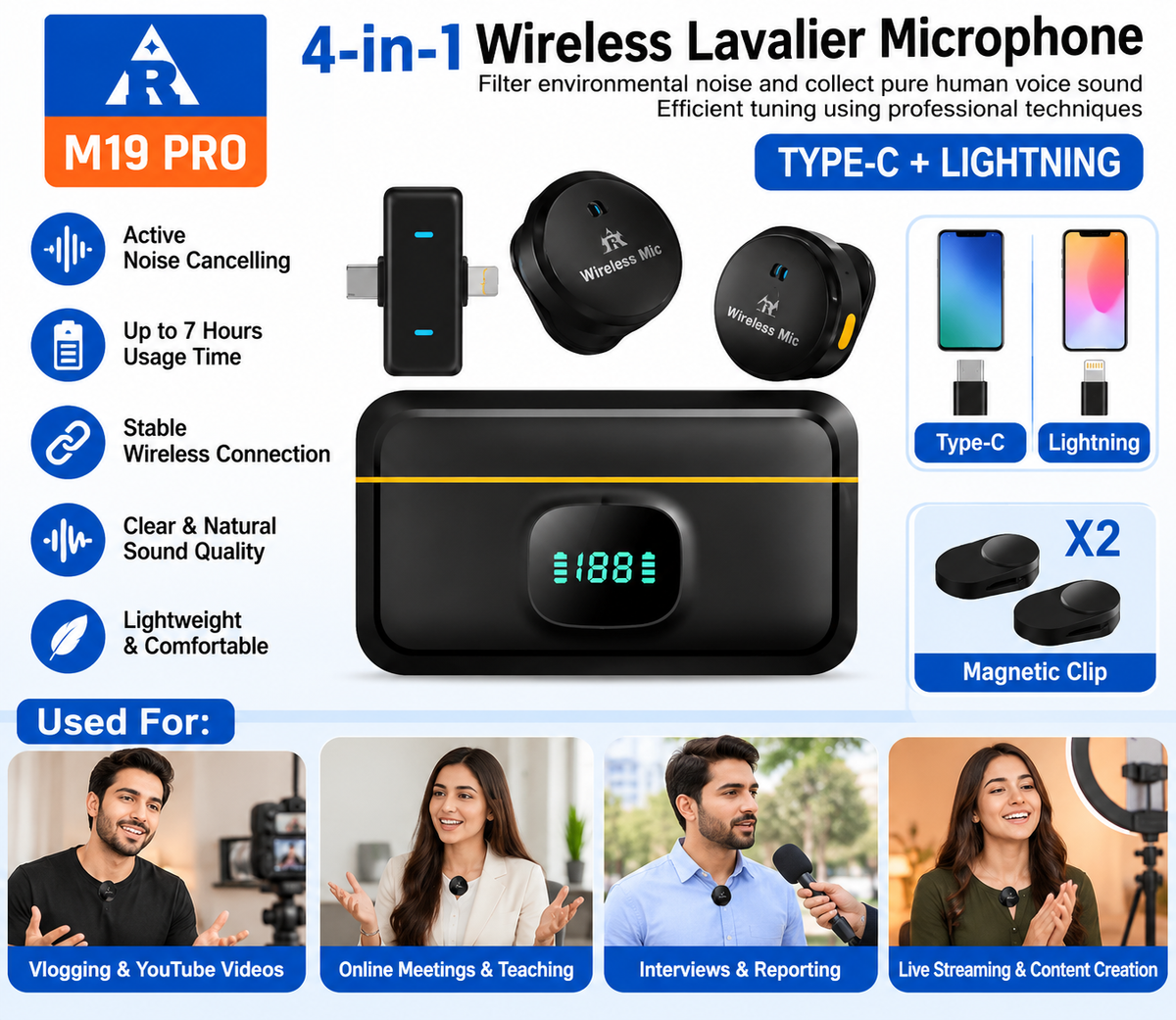 M19 Pro Wireless Microphone - Professional Dual Mic System with Charging Case & Noise Cancellation