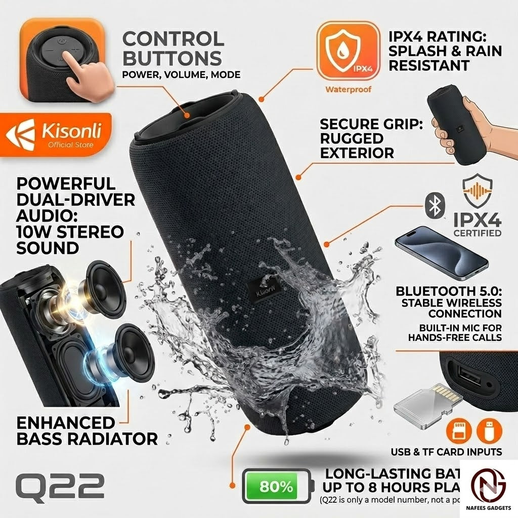 Kisonli Q22 Plus 16W Waterproof Bluetooth Speaker - Ultra Bass & TWS