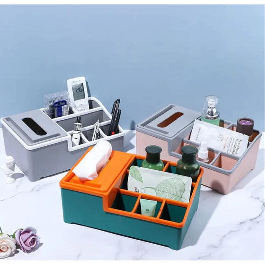 Multifunctional Desktop Plastic Tissue Storage Box Cover, Stationery Make Up Organizer for Bedroom Bathroom, Multifunctional Tissue Box Phone Holder Stand, Wipes Case Desk Organizer