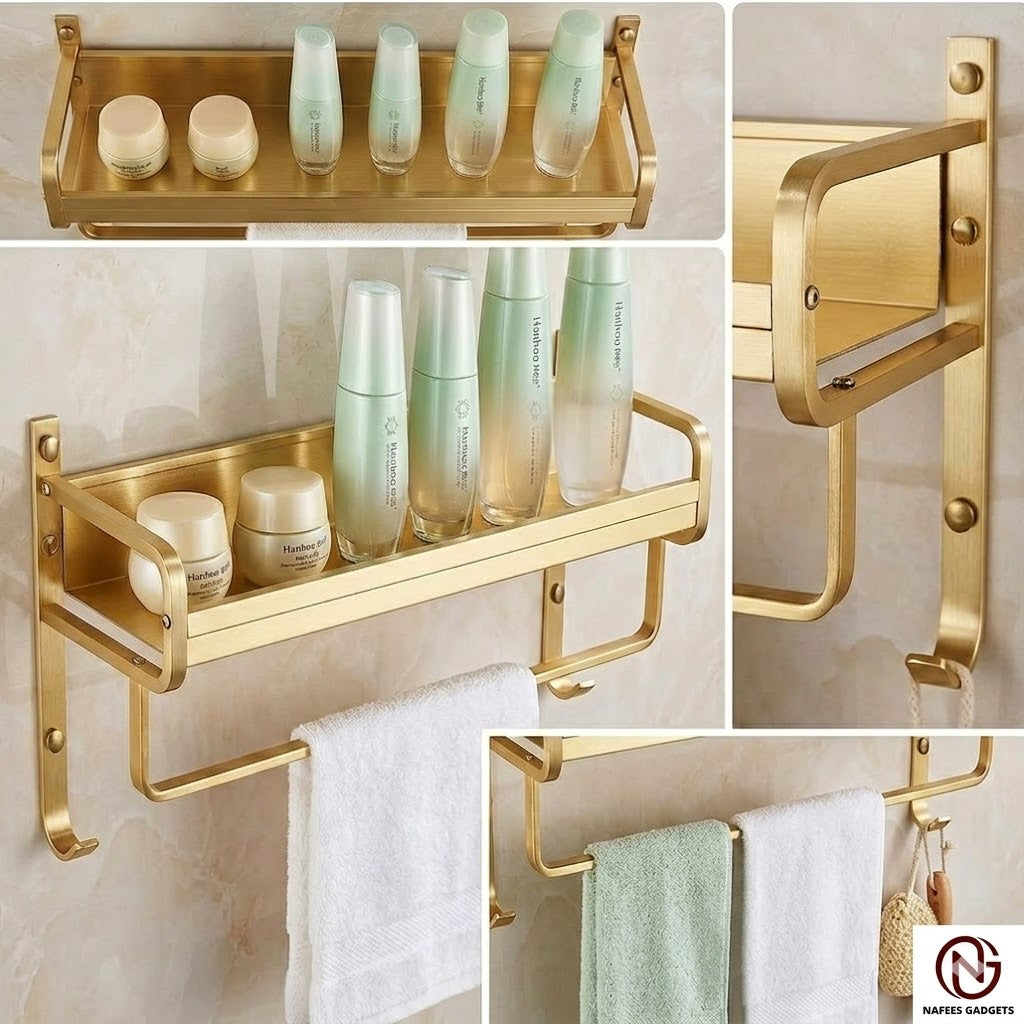Luxury Golden Aluminum Bathroom Shelf with Towel Bar & Hooks – Wall Mounted Storage Rack