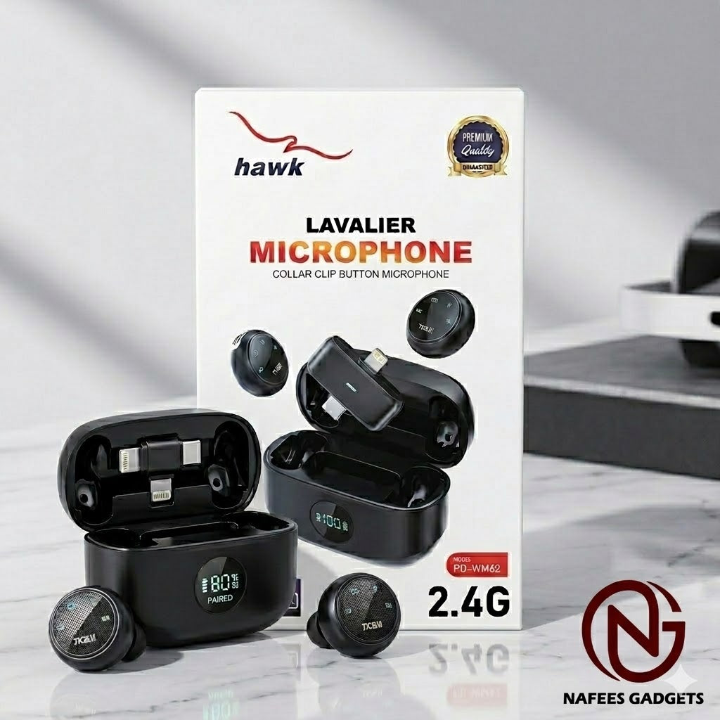 Hawk PD-WM62 Wireless Lavalier Microphone for iPhone & Type-C | 2.4G Professional Collar Clip Mic with Charging Case | Hi-Res Audio & DSP Noise Control