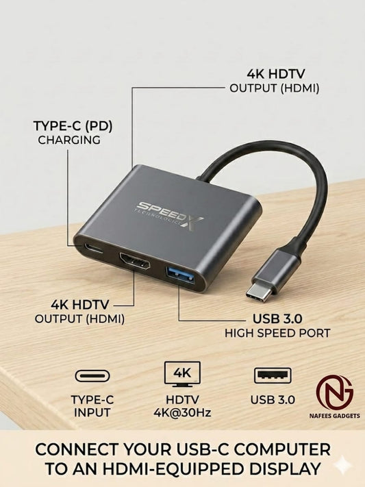 SPEED-X SP-TC03A Type C 3.1 to HDMI + USB 3.0 + Type-C OTG Hub Adapter - 3-in-1 Multiport Converter