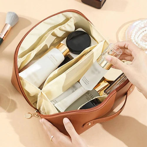 Large Capacity Travel Cosmetic Bag PU Leather Makeup Organizer with Handle & Multi-Compartments
