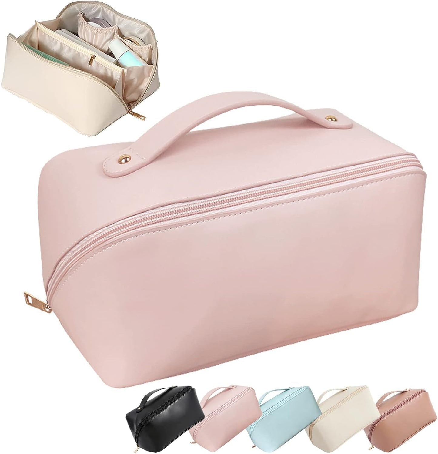 Multifunctional Portable Large Capacity Travel Cosmetic Bag with Handle Makeup Organizer Bag Storage Makeup Bag Waterproof PU Leather Travel Toiletry Bag for Women