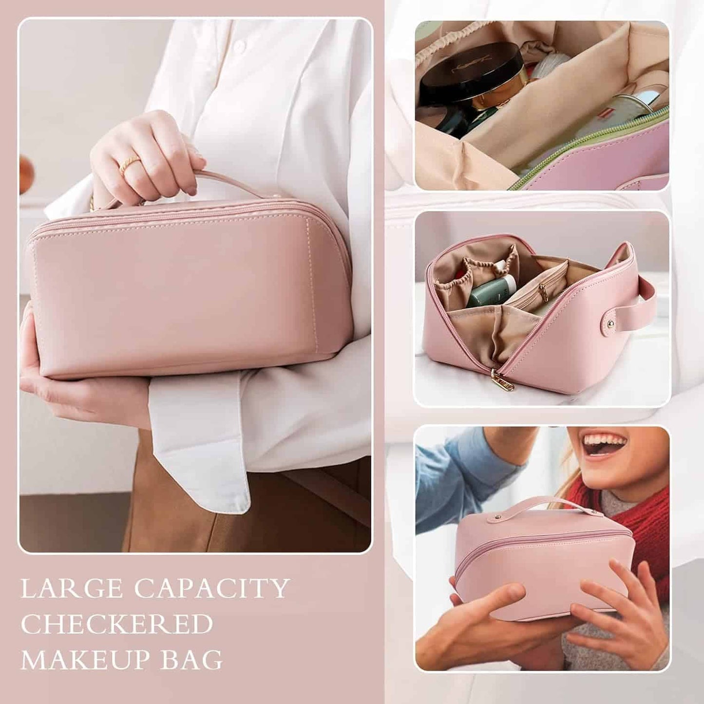 Multifunctional Portable Large Capacity Travel Cosmetic Bag with Handle Makeup Organizer Bag Storage Makeup Bag Waterproof PU Leather Travel Toiletry Bag for Women