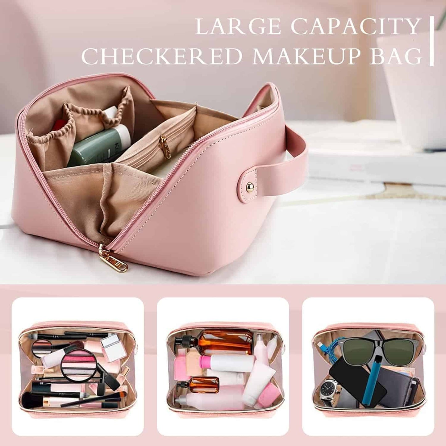 Multifunctional Portable Large Capacity Travel Cosmetic Bag with Handle Makeup Organizer Bag Storage Makeup Bag Waterproof PU Leather Travel Toiletry Bag for Women