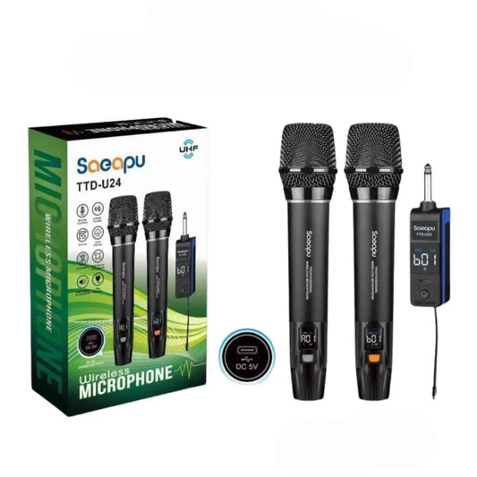 Saeapu TTD-U24 Professional UHF Wireless Dual Handheld Microphone System with Rechargeable Receiver