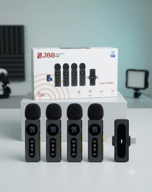 J88 4-in-1 Wireless Microphone System - Rechargeable Lavalier Mic with Display for Vlogging, YouTube & Interviews